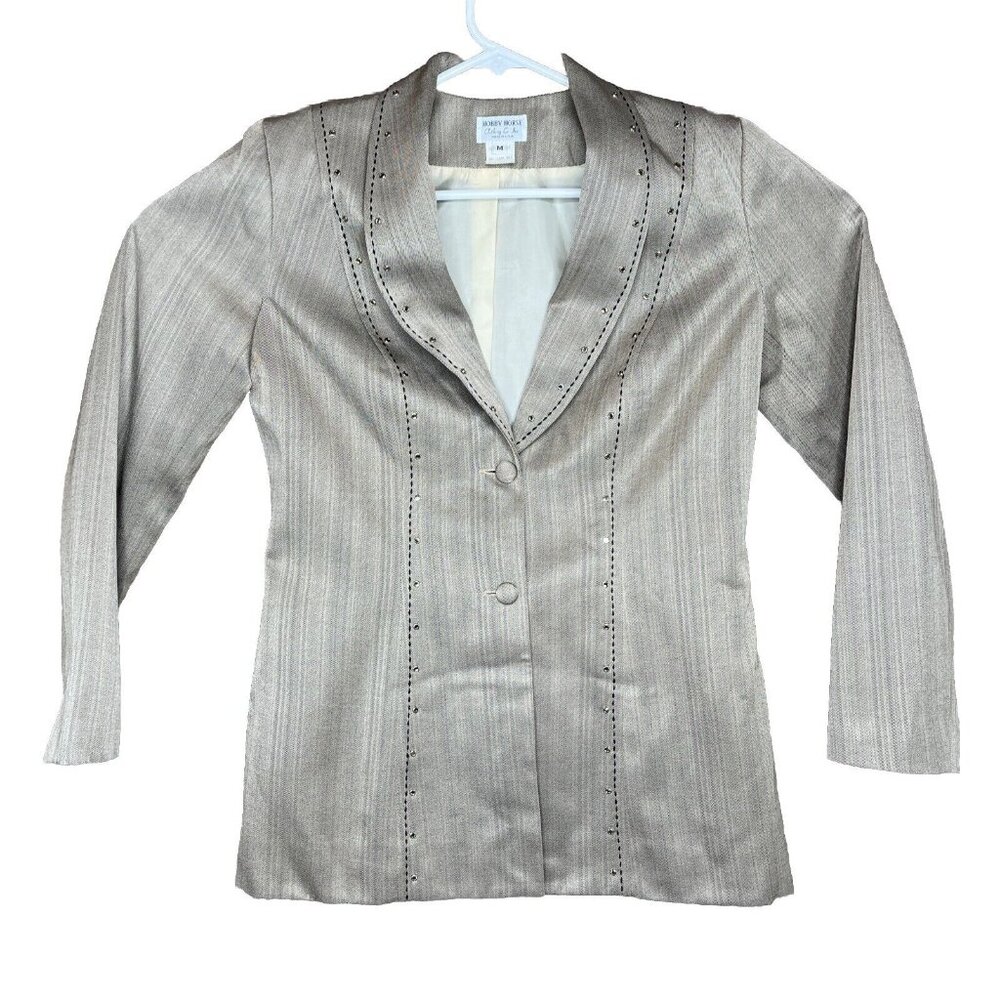 Hobby Horse Woman M Taupe Strip Blk Stitch Sequined 2 Button Western Show Jacket